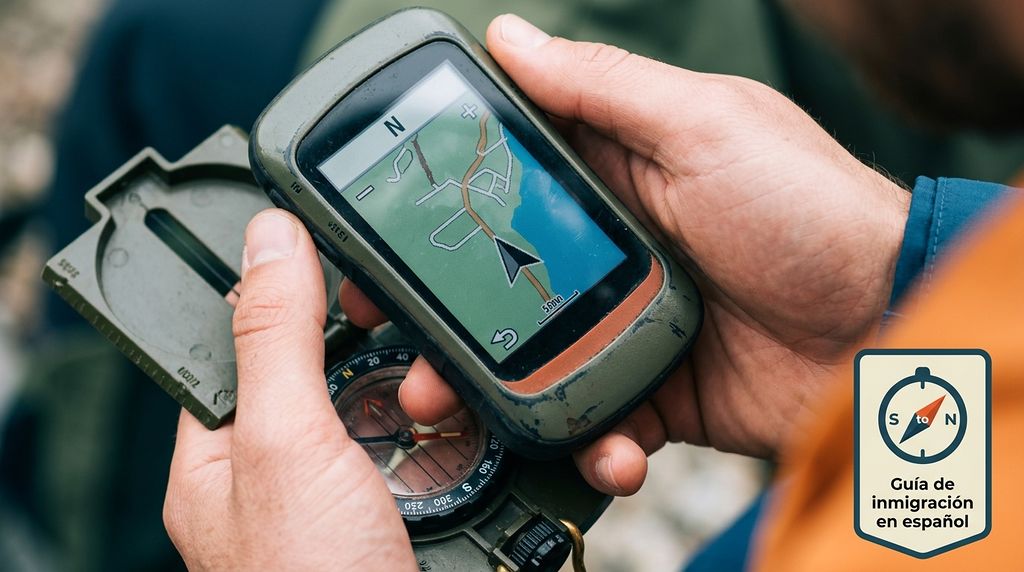Manos sosteniendo un GPS y una brújula para orientarse, con el sello «Guía de inmigración en español»